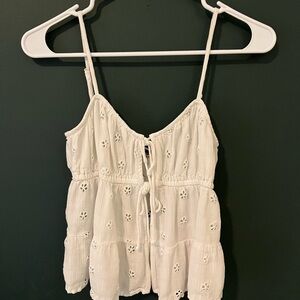 American Eagle White Eyelet Tie-Front Peplum Cami Top